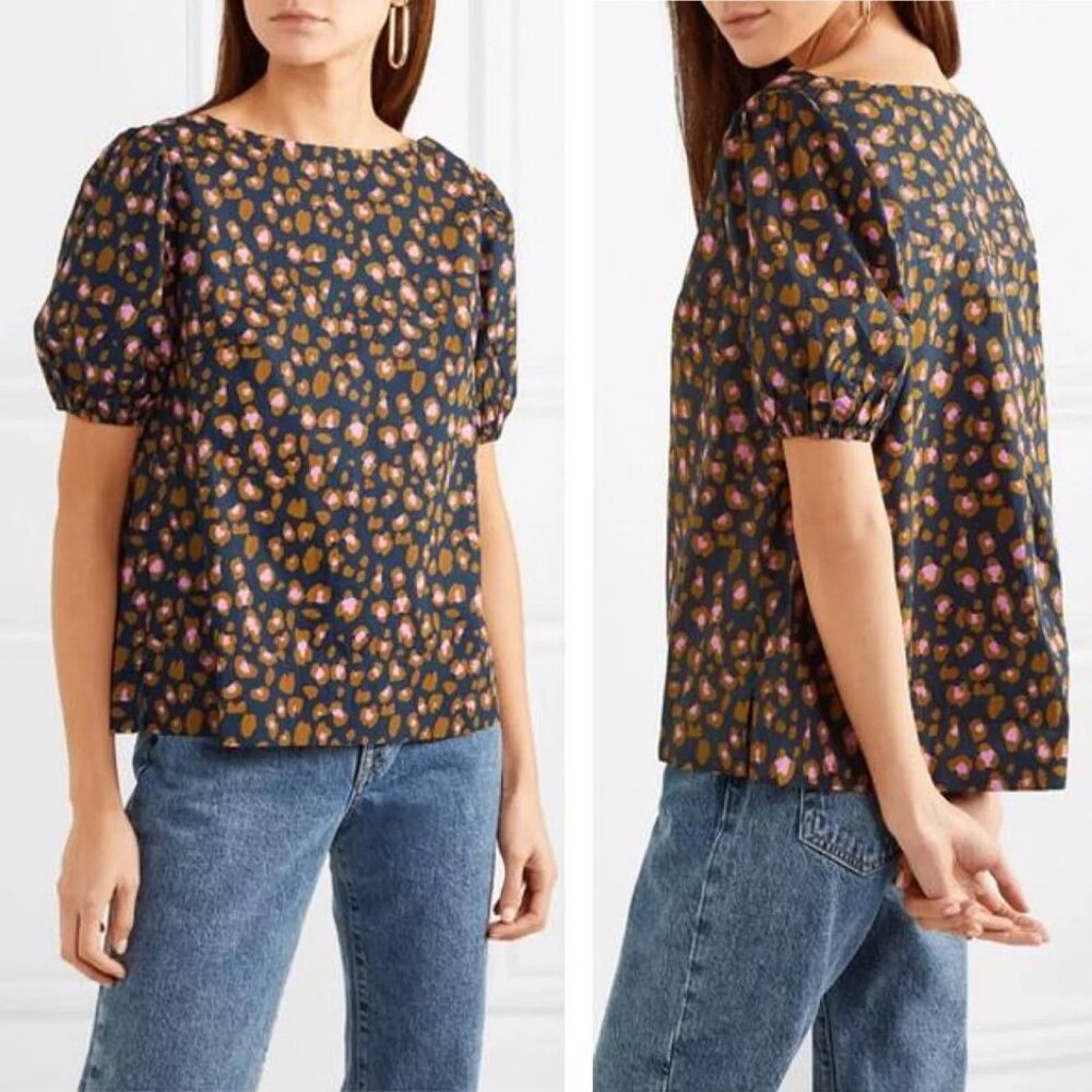 J.CREW Navy Blue Pink Leopard Print Puff Sleeve Shirt Size Large